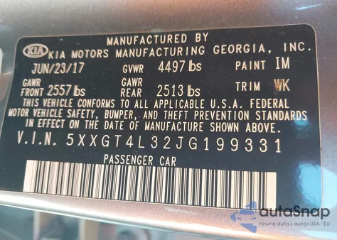 2018 Kia Optima Lx z USA, uszkodzony, nr VIN 5XXGT4L32JG199331